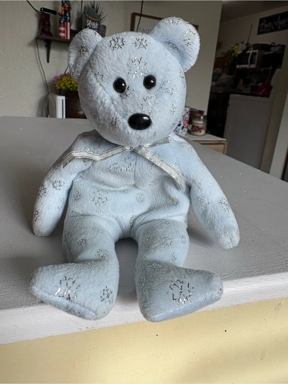 Source Unknown Light Blue Teddy Bear with Silver Snowflake Accents